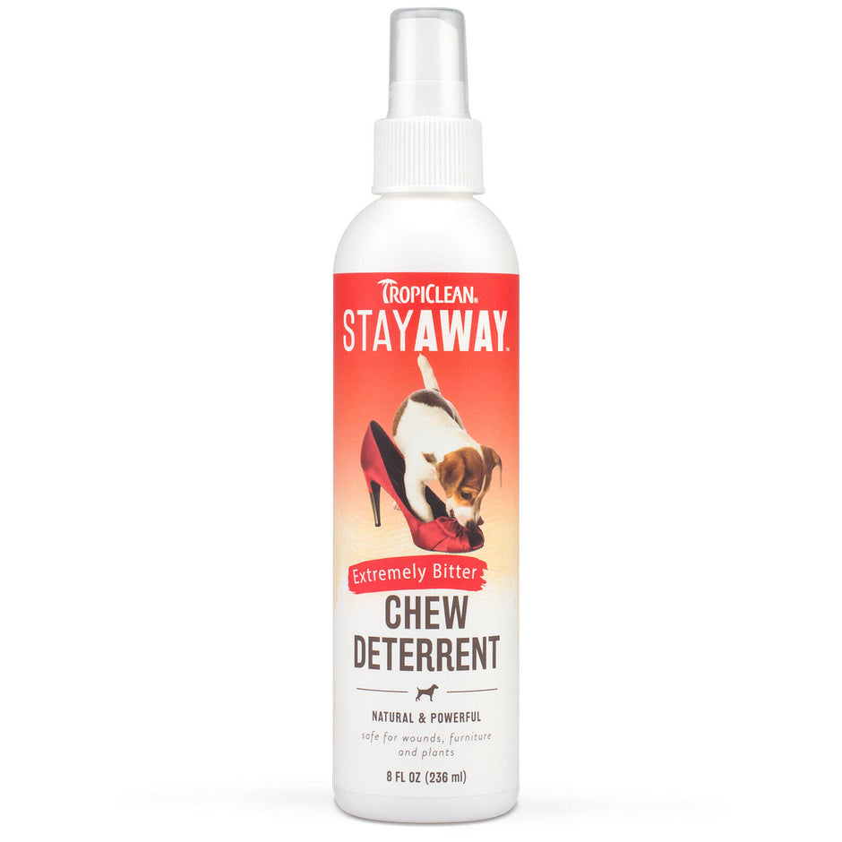 Tropiclean Stayaway Extremely Bitter Chew Deterrent spray bottle, 236ml, with puppy and shoe imagery on the label