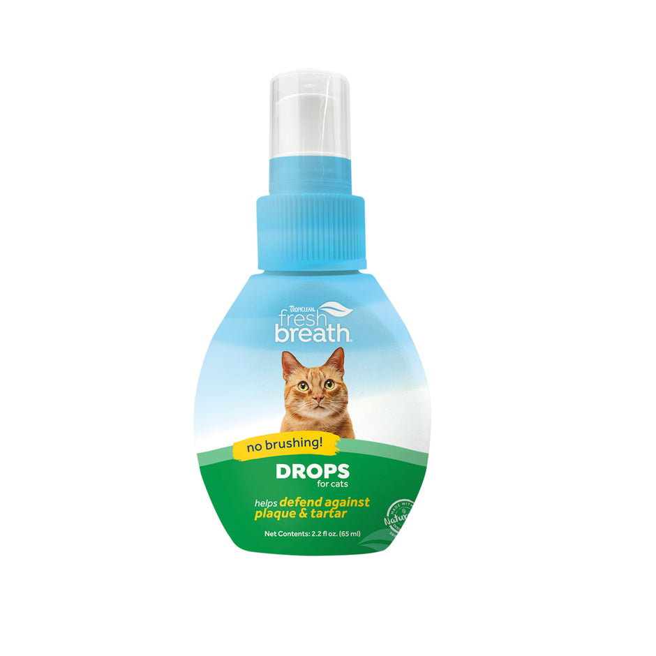 TropiClean Fresh Breath Oral Care Drops for Cats 65ml bottle, front view, showing pump dispenser and label with 'no brushing' and 'helps defend against plaque and tartar' messaging.