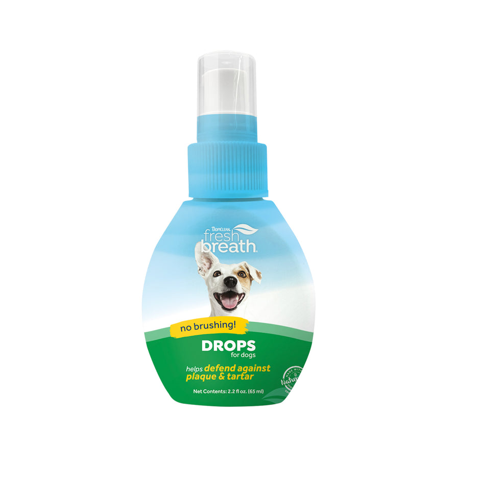 TropiClean Fresh Breath Oral Care Drops for Dogs 65ml bottle with pump dispenser, blue and green label featuring a smiling dog and 'helps defend against plaque and tartar' text.
