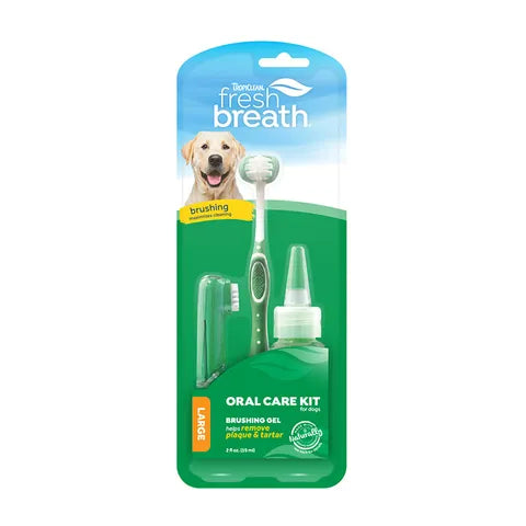 TropiClean Fresh Breath Oral Care Kit for Large Dogs in packaging, showing the TripleFlex toothbrush, finger brush, and brushing gel bottle on a green and blue card.