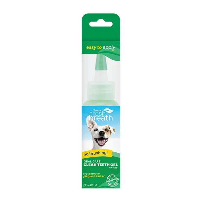 TropiClean Fresh Breath Oral Care Clean Teeth Gel for Dogs 59ml bottle in green and white packaging with 'no brushing' and 'easy to apply' callouts
