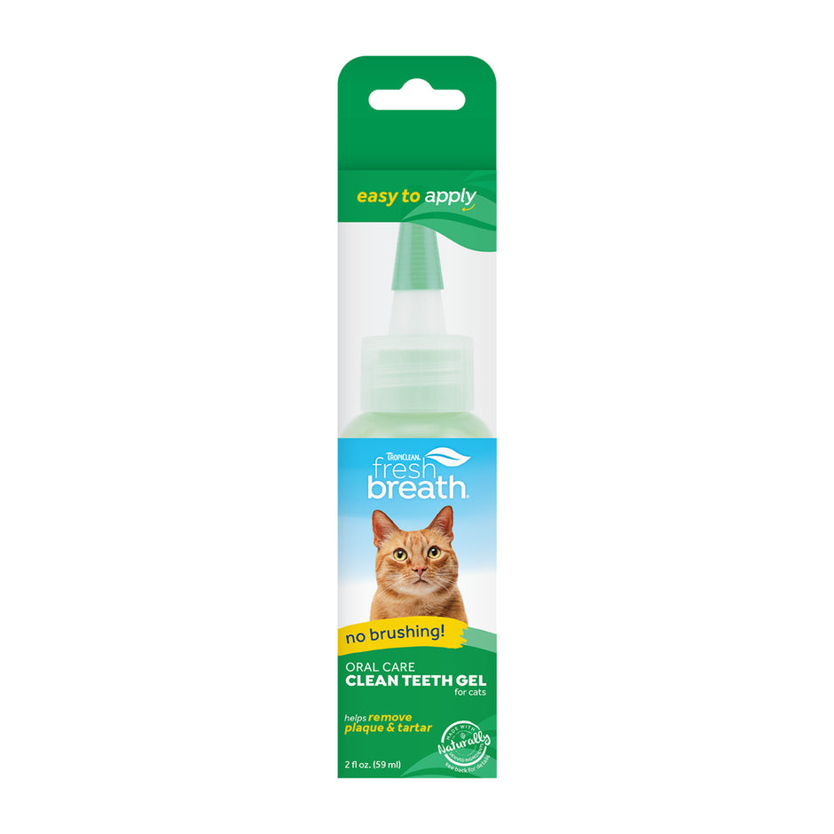 TropiClean Fresh Breath Oral Care Clean Teeth Gel for Cats 59ml bottle in green and blue retail packaging, labelled no brushing required and helps remove plaque and tartar.