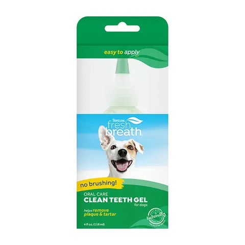 TropiClean Fresh Breath Oral Care Clean Teeth Gel for Dogs 118ml — front packaging showing 'no brushing' and 'easy to apply' callouts with a smiling dog