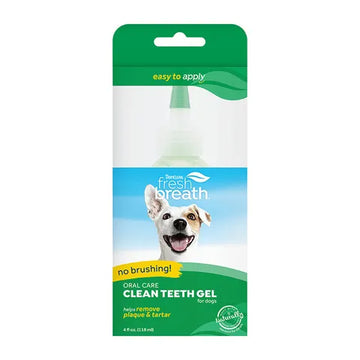 TropiClean Fresh Breath Oral Care Clean Teeth Gel for Dogs 118ml — front packaging showing 'no brushing' and 'easy to apply' callouts with a smiling dog