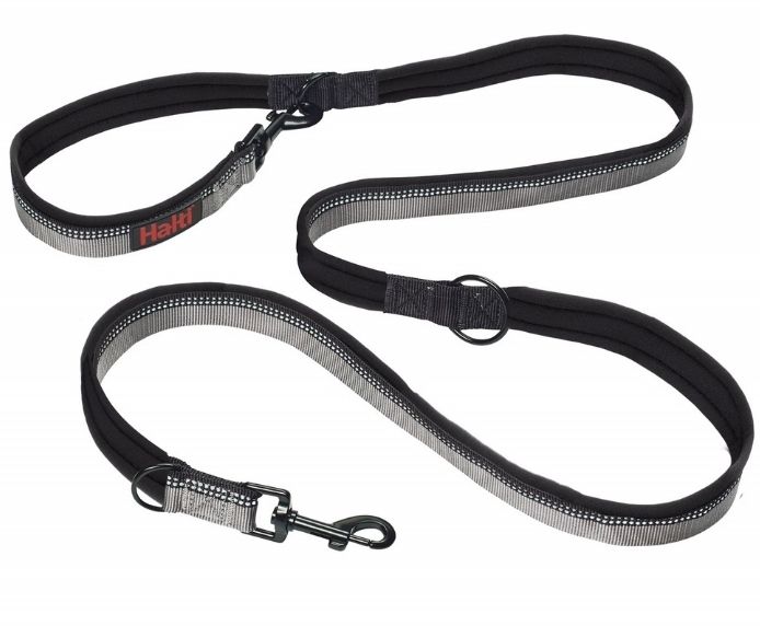 Halti Double Ended Dog Lead in black with reflective strip, showing both trigger clips, handle loops, and central D-ring