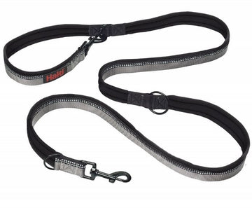 Halti Double Ended Dog Lead in black with reflective strip, showing both trigger clips, handle loops, and central D-ring