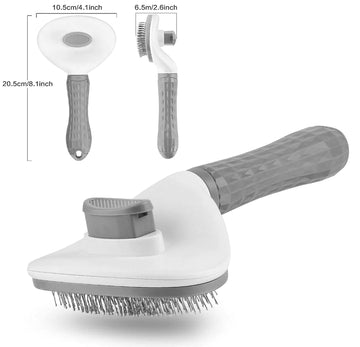 All Fur You self-clearing grooming comb in grey shown from front and side angles with dimensions: 20.5 cm tall, 10.5 cm wide, 6.5 cm deep