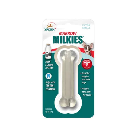 Sporn Marrow Milkies Extra Small dog chew in retail packaging, showing a bone-shaped flexible chew with milk-flavour branding, suited for puppies and older small dogs up to 6 kg.
