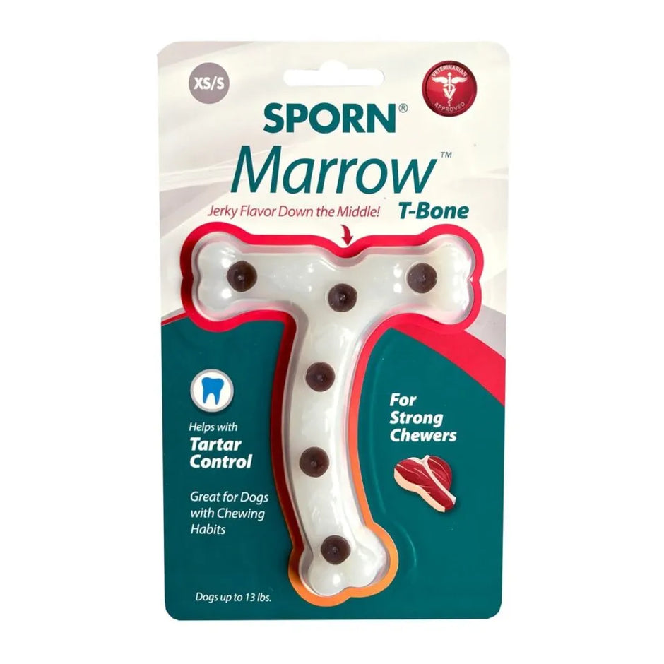 Sporn Marrow T-Bone chew toy in XS/S retail packaging, showing the white T-shaped bone with dark flavour spots and on-pack callouts for tartar control and strong chewers.