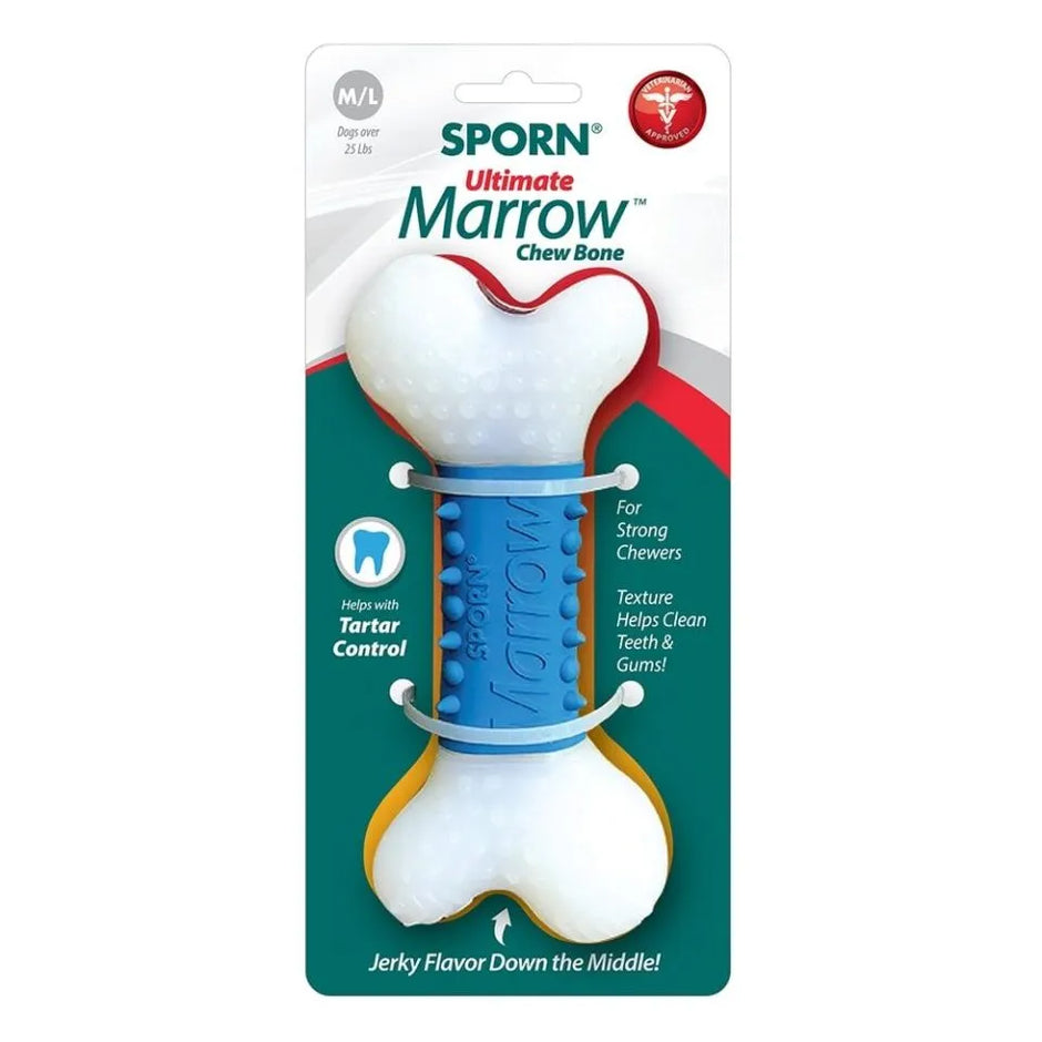 Sporn Ultimate Marrow Chew Bone in retail packaging, showing the white and blue bone shape with textured ridges and jerky-flavoured centre canal, sized M/L for dogs over 25 lbs.