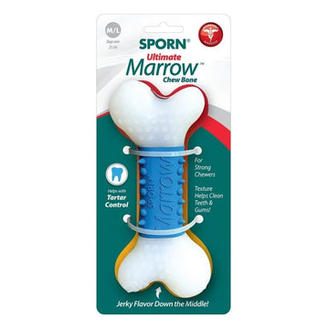 Sporn Ultimate Marrow Chew Bone in retail packaging, showing the white and blue bone shape with textured ridges and jerky-flavoured centre canal, sized M/L for dogs over 25 lbs.