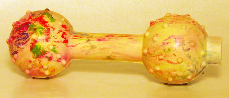 Top Dog rubber chew dumbbell toy in multicoloured swirl pattern, showing raised nodules on both ball ends, approximately 11cm long.