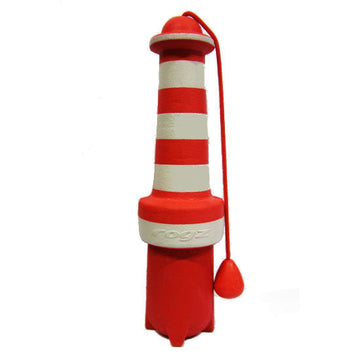 Rogz LightHouse dog fetch toy standing upright, showing red and white striped lighthouse shape with rope and bobble sling attached