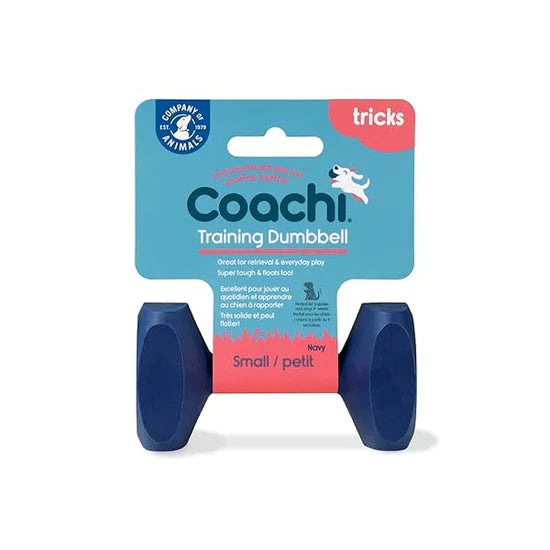 Coachi Training Dumbbell Small in dark blue, shown in retail packaging labelled Small/Petit by Company of Animals.