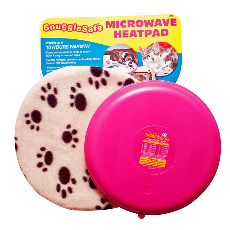 Snugglesafe microwave heatpad shown with its paw-print fleece cover and retail packaging