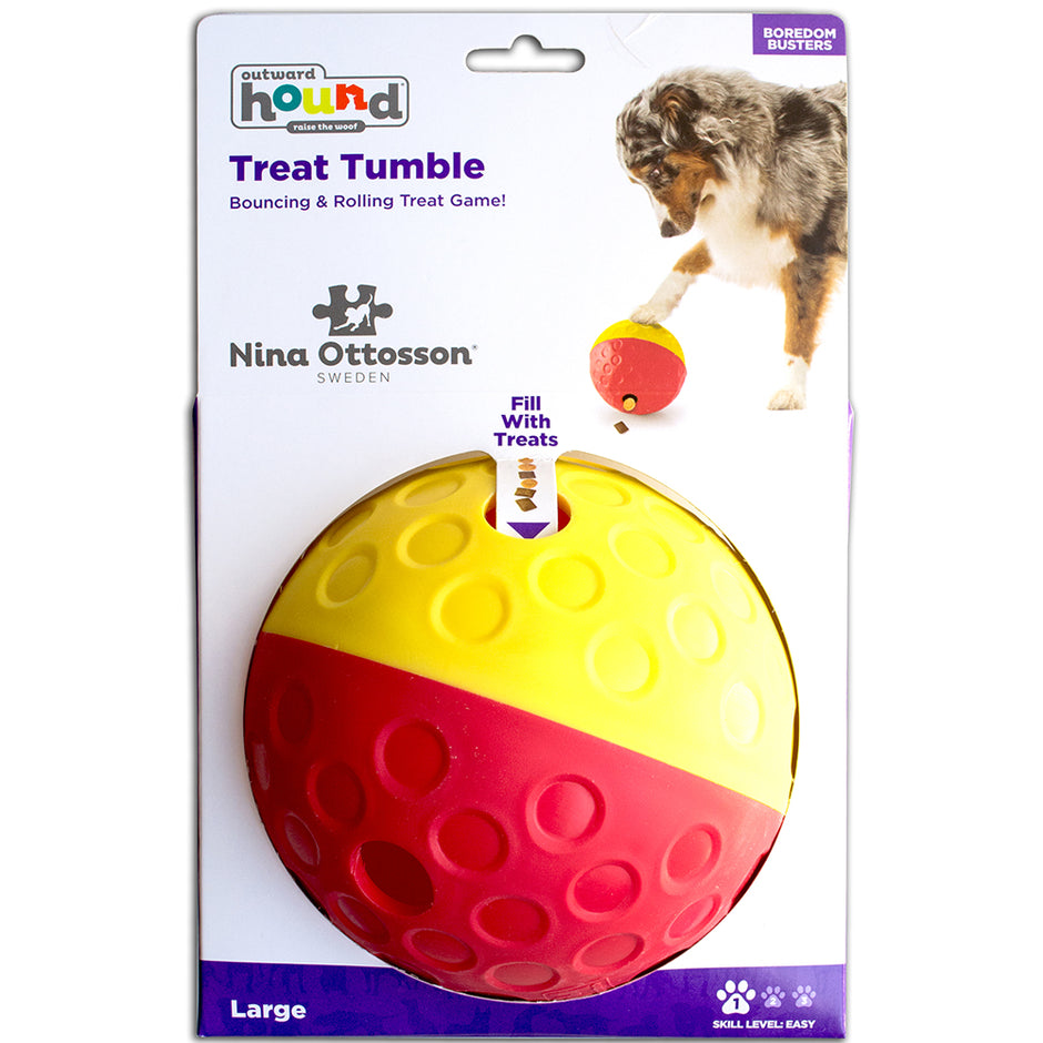 Outward Hound Nina Ottosson Treat Tumble Large in packaging – yellow and red ball-shaped treat-dispensing puzzle toy with a dog playing in the background, labelled Skill Level 1 Easy.