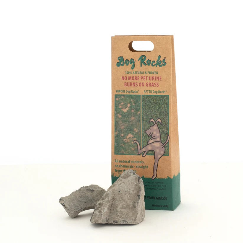 Dog Rocks 200g kraft paper packaging standing upright with three natural grey igneous rocks placed in front on a white background.