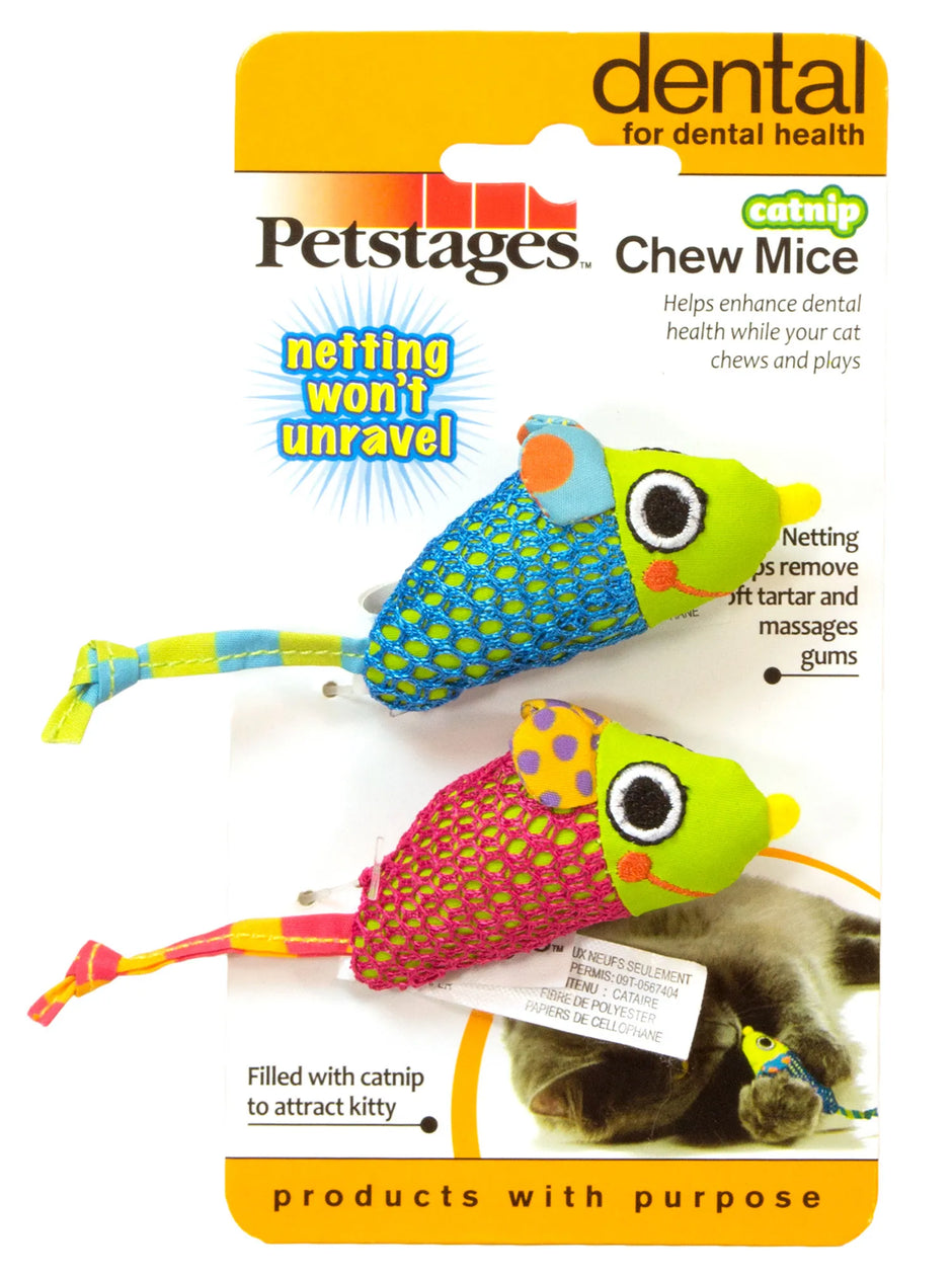 Petstages Catnip Chew Mice packaging showing two colourful mesh mouse toys — one blue, one pink — filled with catnip, with a cat playing in the background