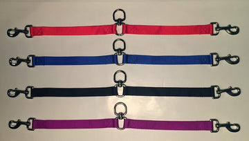 GoPetPlace 20mm dog double lead coupler shown in all four available colours: red, blue, black, and purple, each with silver swivel clips