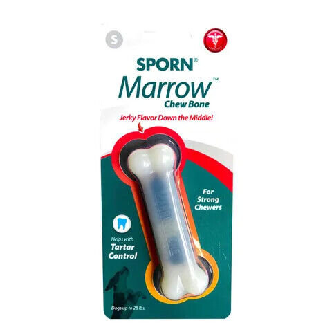 Sporn Marrow Chew Bone Small size in retail packaging, showing the nylon bone with jerky flavour centre and tartar control callouts