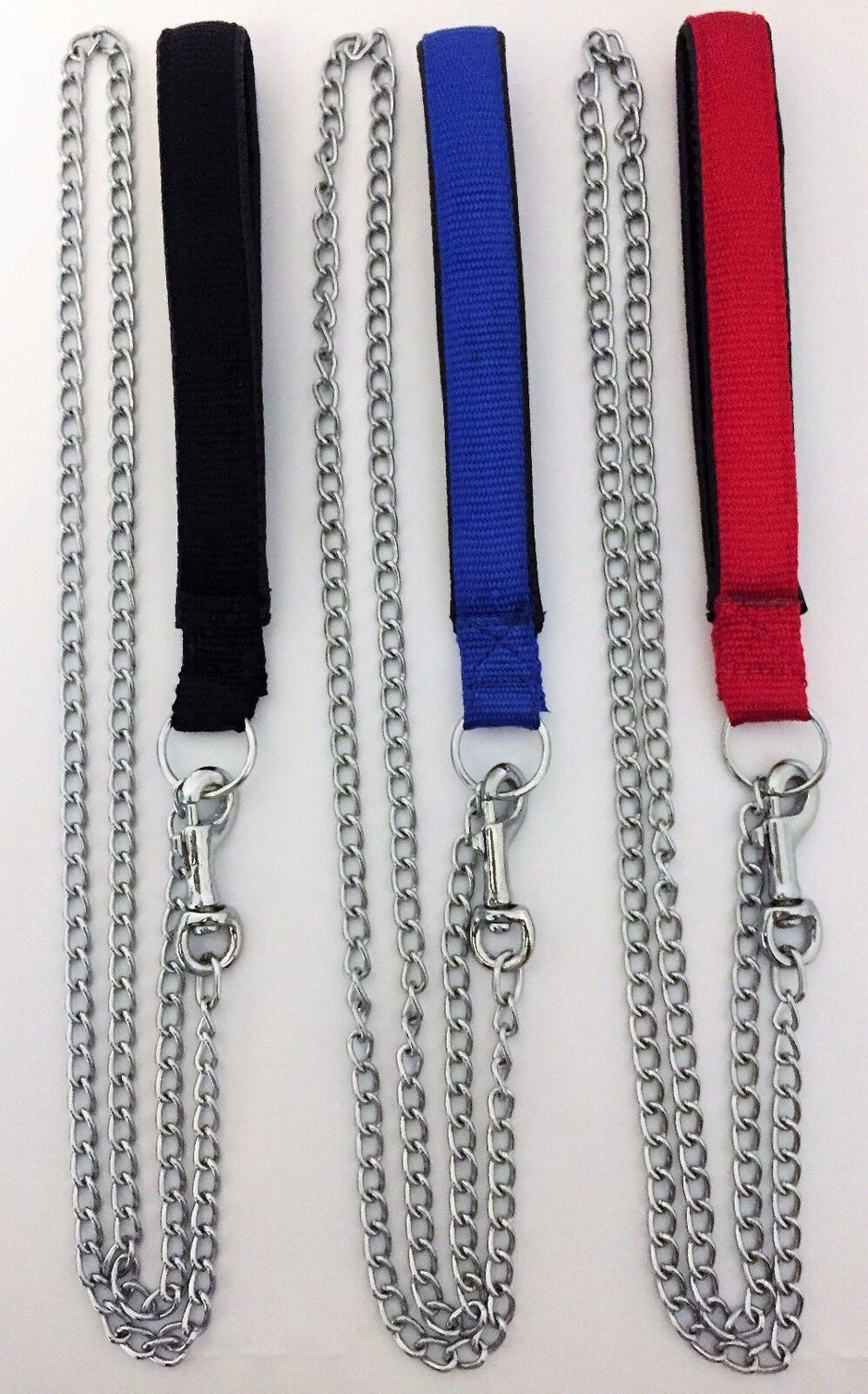 GoPetPlace heavy duty metal chain dog leads in black, blue, and red, each showing the full 120cm chain and padded handle with trigger snap clip