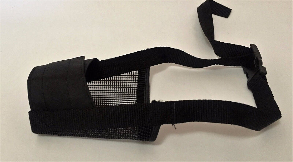 Black nylon mesh dog muzzle shown from the side, displaying the mesh panel, nylon straps, and quick-fit clip fastening.