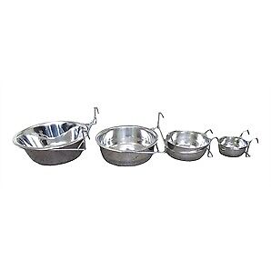 Four Superior Pet Goods stainless steel coop cups shown together in graduating sizes, each with a wire hanger attached