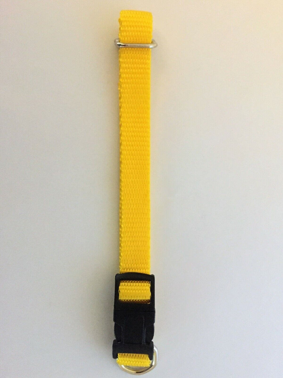 GoPetPlace 15mm adjustable nylon dog collar in yellow, showing plastic quick-release buckle and stainless steel D ring