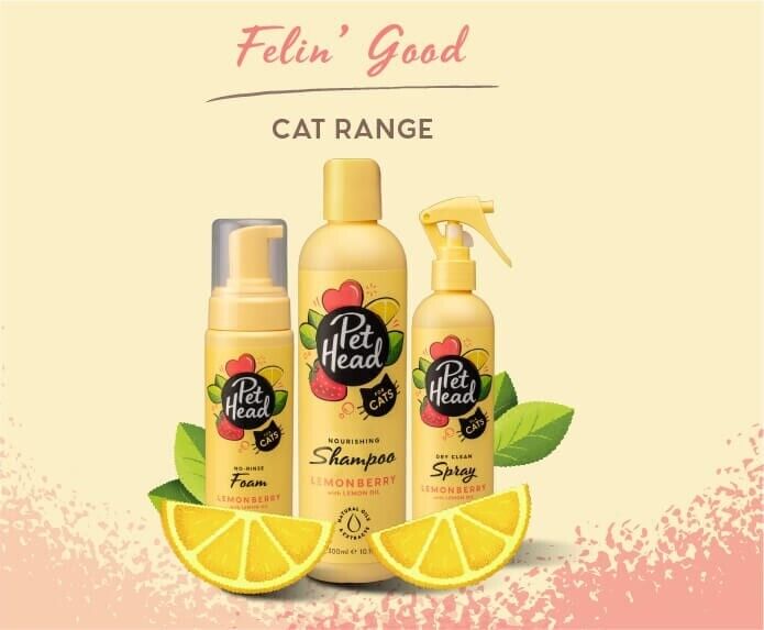 Pet Head Felin' Good Cat Range – three Lemonberry grooming products (no-rinse foam, nourishing shampoo, and dry clean spray) arranged together with lemon slice decorations on a yellow background