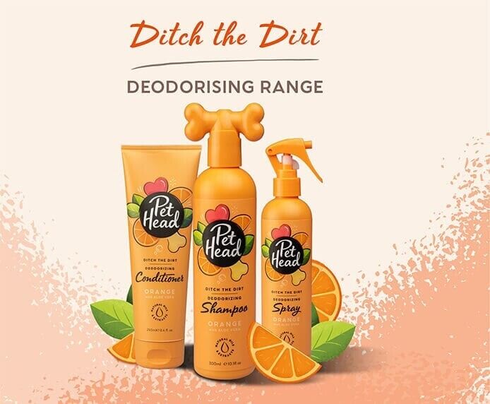 Pet Head Ditch the Dirt Deodorising Range — shampoo, conditioner and spray bottles arranged together with orange and leaf decoration