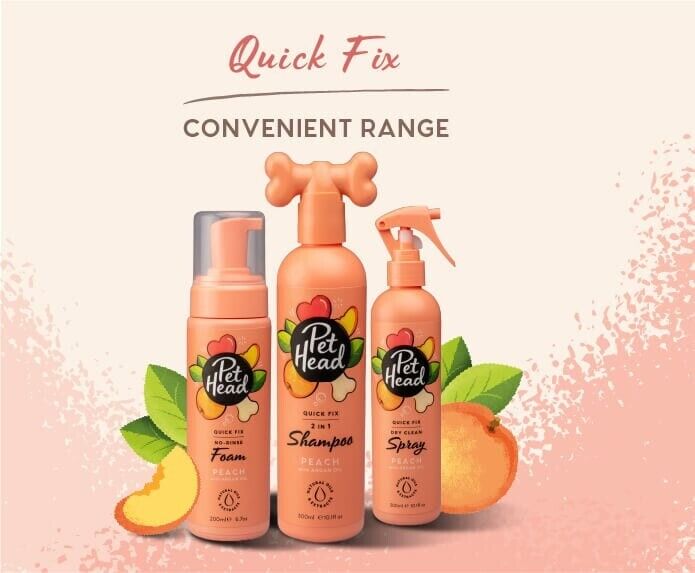 Pet Head Quick Fix bundle showing the 300ml 2-in-1 Shampoo, 200ml No Rinse Foam and 300ml Dry Clean Spray in peach packaging, with peach fruit beside them.