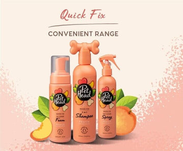 Pet Head Quick Fix bundle showing the 300ml 2-in-1 Shampoo, 200ml No Rinse Foam and 300ml Dry Clean Spray in peach packaging, with peach fruit beside them.