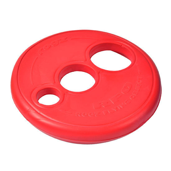 Rogz RFO Large fetch flying disc in red, showing the three-hole counterweight design and soft rounded edge, on a white background.