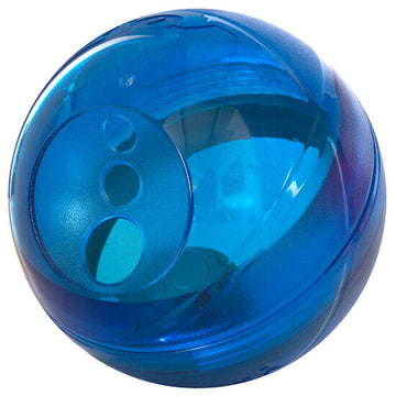 Rogz Tumbler treat dispenser toy in translucent blue, showing the adjustable treat-release opening