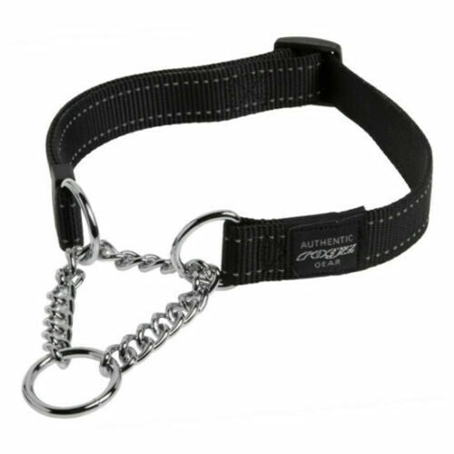 Rogz Utility Half Check Collar in black, showing reflective webbing and chain section