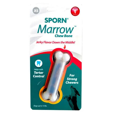 Sporn Marrow Chew Bone X-Small size in retail packaging, suited to dogs up to 13 lbs, with tartar control and strong chewer callouts