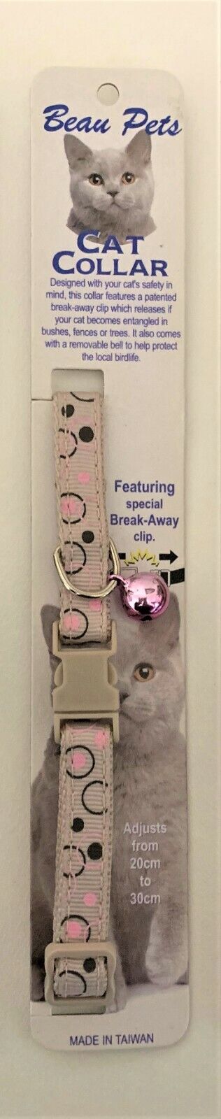 Beau Pets Bubbles safety cat collar in light grey with pink and black circle pattern, break-away clip, and pink bell, shown in retail packaging