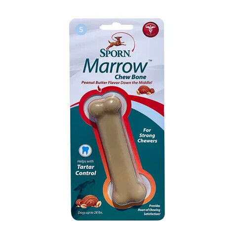Sporn Marrow Chew Bone small size in retail packaging, showing the peanut butter flavoured nylon bone and tartar control and strong chewer callouts