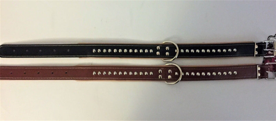 Pet Basic 35mm studded dog collars laid flat showing Black/Tan and Brown/Tan colour options with centre D rings and dome studs along the length