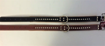 Pet Basic 35mm studded dog collars laid flat showing Black/Tan and Brown/Tan colour options with centre D rings and dome studs along the length