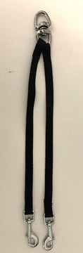 GoPetPlace black nylon dog coupler with swivel lead attachment and two snap clips, laid flat on white surface