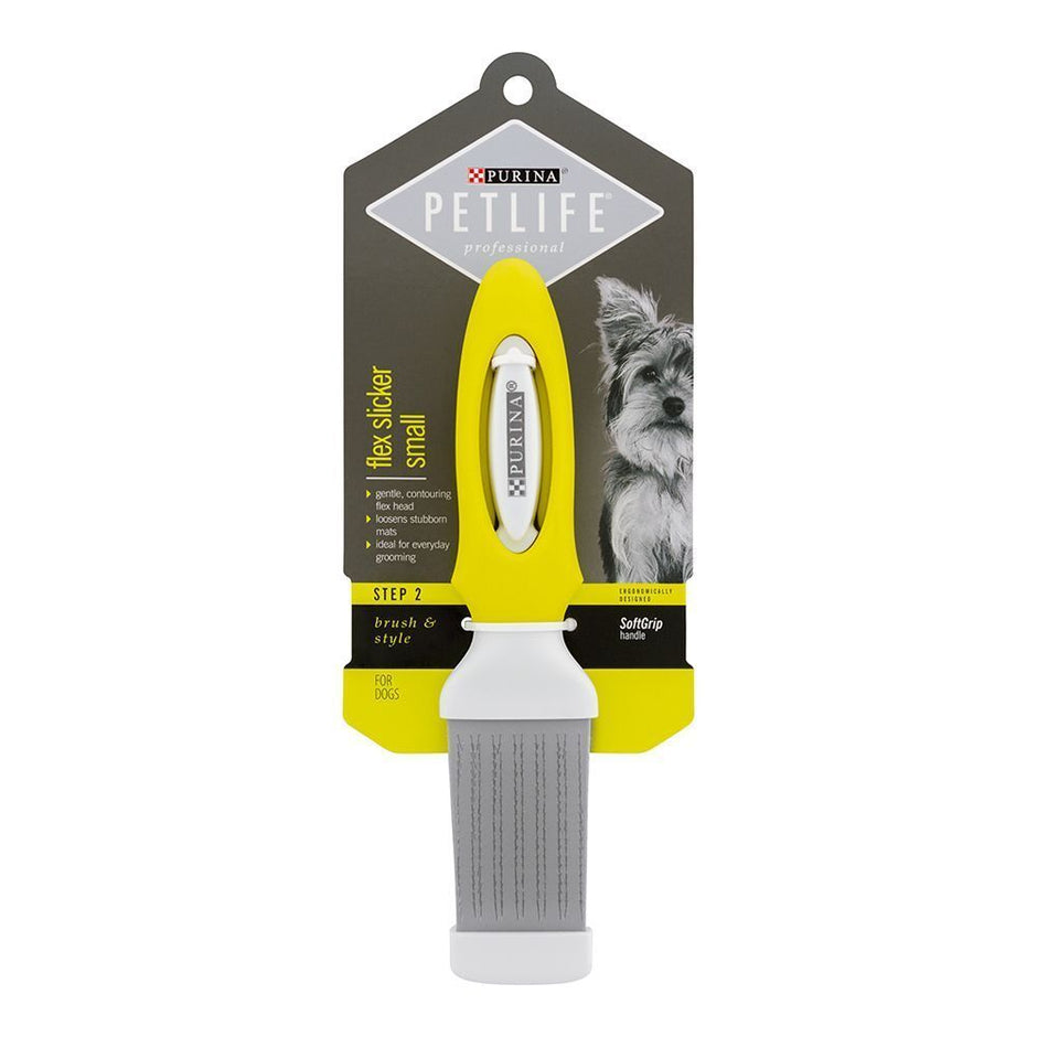 Front view of Purina PetLife Professional Flex Slicker small in packaging with product feature callouts and small dog illustration