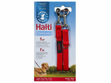 Halti Double Ended Training Lead in red, small size, shown in retail packaging with two trigger clips visible