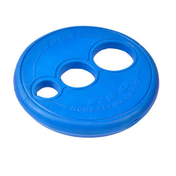 Rogz RFO Large fetch flying disc in blue, showing the aerodynamic design with three differently sized holes and thick soft edge, on a white background.