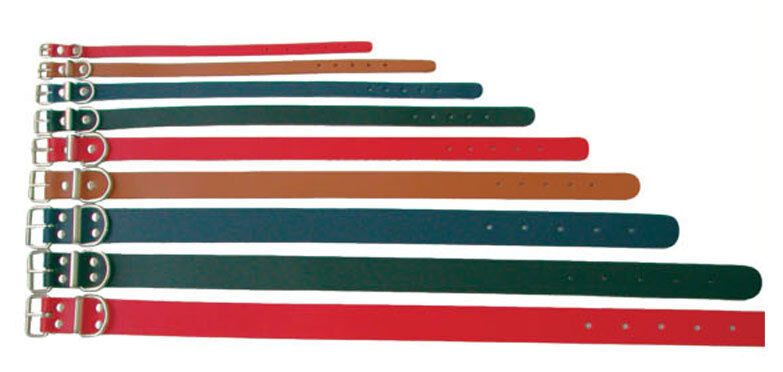 Beau Pets leather dog collars in red, tan, green and other colours laid out in a fan arrangement showing various sizes