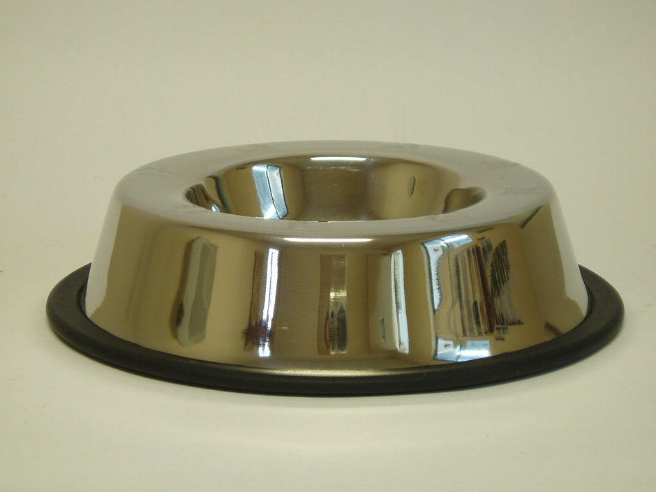 Side view of a polished stainless steel pet bowl with a black non-skid rubber base ring