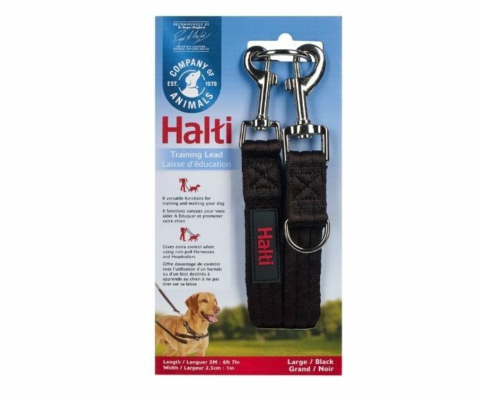 Halti Double Ended Training Lead in large black, shown in retail packaging with two trigger clips visible