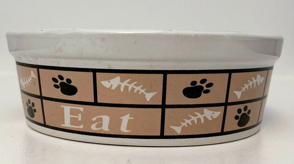 GoPetPlace ceramic pet bowl in tan with paw print and fish-bone pattern and 'Eat' text on the side