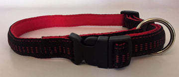 GoPetPlace 25mm padded nylon dog collar in black with red lining, showing quick-release buckle and D-ring