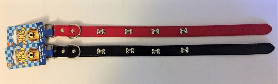 Durmaz bone stud leather dog collars in red and black laid flat, both with silver bone-shaped studs along the strap, shown with packaging tags.
